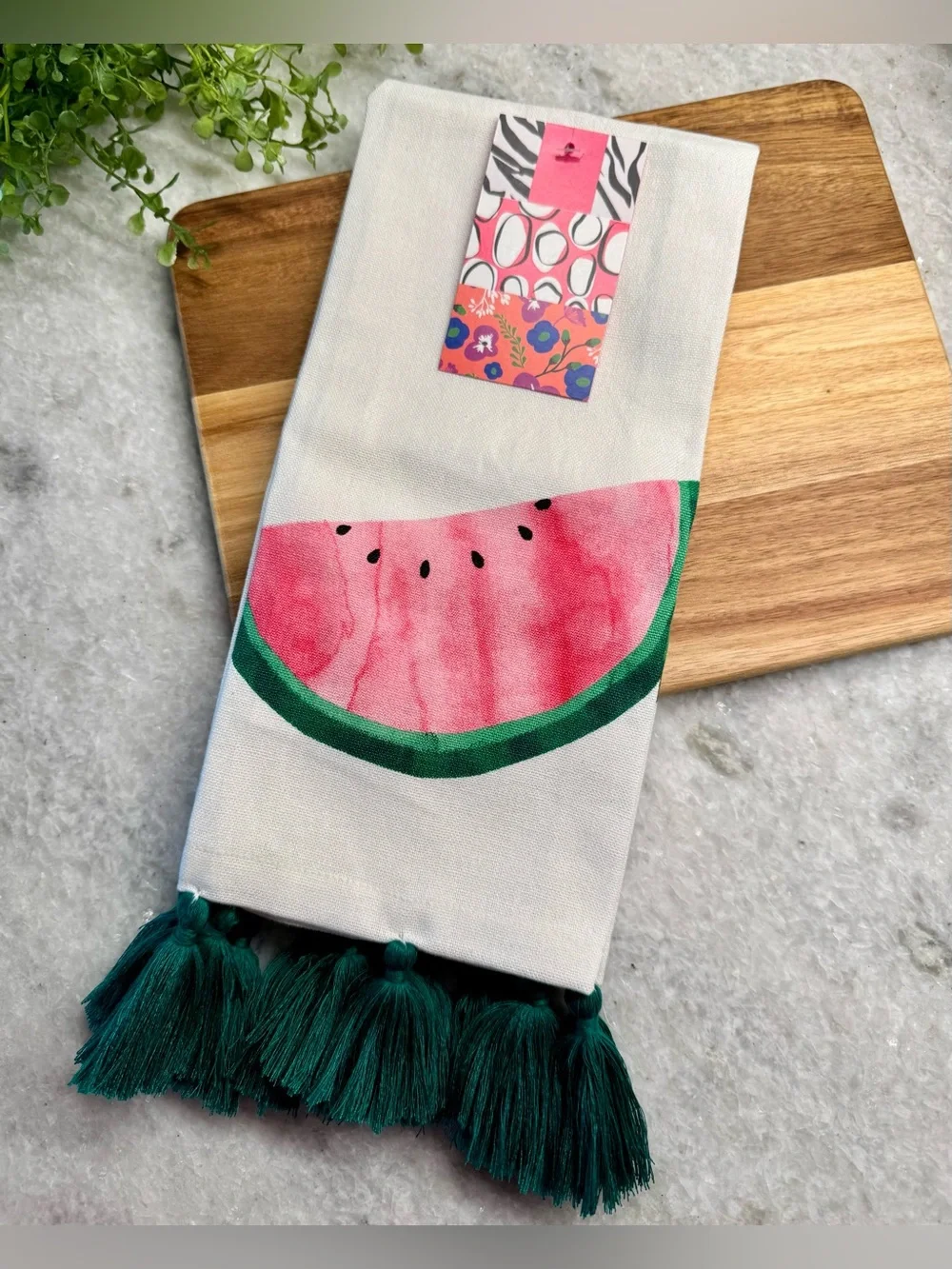 New Summer Watermelon w/ Green Tassels 100% Cotton Kitchen Hand Towels Set of 2